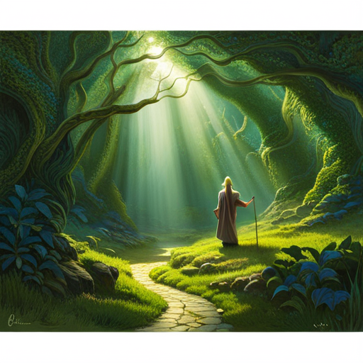 An image capturing the mystique of underground exploration, depicting a person equipped with a divining rod, gently pacing through verdant fields towards a concealed water source, as sunlight filters through the dense canopy above