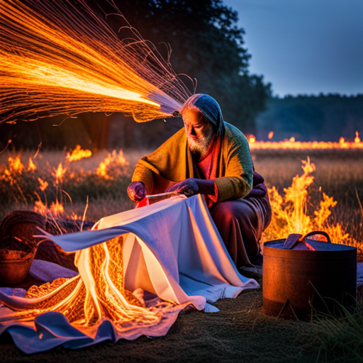 An image depicting skilled hands expertly positioning a piece of fine cotton fabric over a small fire, with golden flames dancing beneath, gradually transforming the cloth into perfect charcloth for reliable fire-starting