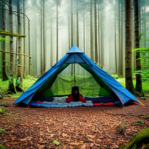 An image showcasing an individual in a lush forest, creatively fashioning a sturdy tarp shelter