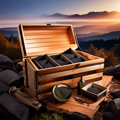 An image showcasing a rugged, weathered wooden crate with a hinged lid, nestled amidst a picturesque forest backdrop