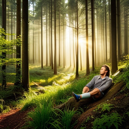 An image capturing the picturesque tranquility of a dense forest, with sunlight filtering through the foliage onto a hiker's leg, being gently elevated and wrapped in a bandage, surrounded by natural remedies like ice packs, compresses, and soothing herbal ointments