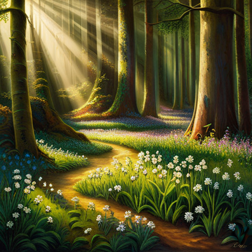 An image showcasing a lush forest floor, bathed in dappled sunlight