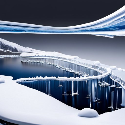An image showcasing a vast snow-covered landscape with a network of interconnected, gleaming ice troughs, leading towards a central collection tank surrounded by icicles dripping into a pool of crystal-clear, pure water