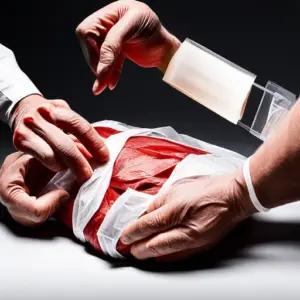 An image depicting hands firmly placing a plastic bag over a simulated chest wound, followed by layers of clothing and tape being applied to effectively seal the wound