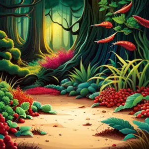 An image showcasing a dense forest floor scattered with a variety of meticulously arranged bait, such as succulent berries, freshly dug earthworms, and fragrant herbs, enticingly positioned on concealed traps and snares