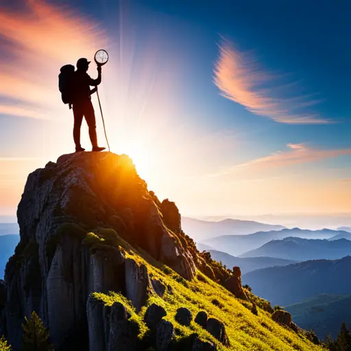 An image showcasing a hiker standing on a rocky peak, holding a compass while studying a detailed topographic map