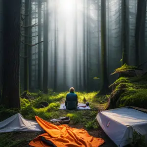 An image depicting a serene forest setting with a hiker lying motionless on the ground, surrounded by concerned friends