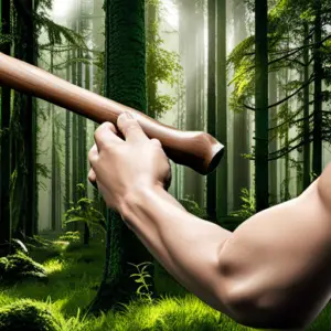 a visual of a skilled hand gripping a sturdy Y-shaped branch, tightly bound with strips of rubber, poised to launch a smooth, polished stone towards its target amidst a lush forest backdrop