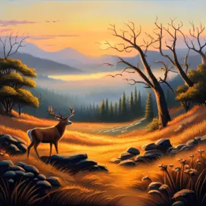 An image capturing a serene forest scene at dusk, with a sturdy wooden deer stand nestled against a towering oak tree