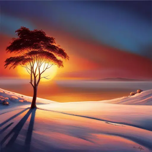 An image capturing the serene horizon at sunrise, with a distinct shadow cast by a tree pointing towards the east