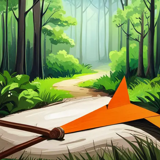 An image depicting a dense forest trail with a faded arrow made from sticks pointing towards safety, while vibrant green leaves surround it