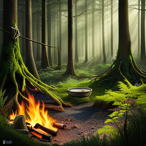 An image showcasing a vast, dense forest with towering evergreens surrounding a makeshift shelter made of fallen branches, moss-covered rocks, and a smoldering fire pit, symbolizing the resilience and ingenuity of emergency shelters in the wilderness