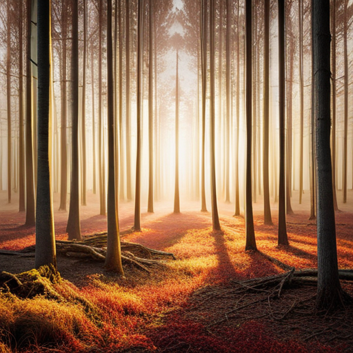 the essence of a serene forest scene, with rays of golden sunlight filtering through the dense canopy