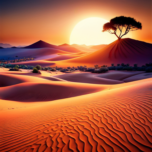 the awe-inspiring vastness of the desert wilderness landscape as a lone traveler, surrounded by towering red sand dunes, discovers an oasis oasis shimmering under the scorching sun, offering a glimmer of hope in the arid expanse