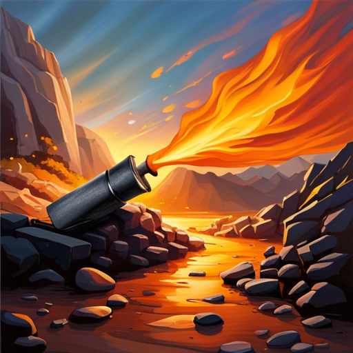 An image capturing a hand gripping a flint firmly, sparks cascading from the iron striker as it strikes the flint's rough surface, igniting a fire with a burst of vibrant orange flames