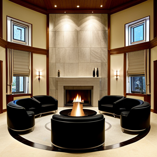 An image showcasing a cozy living room with a central fireplace surrounded by a circular seating arrangement, emanating warm light and casting dancing shadows on the walls, emphasizing the importance of thoughtful group fire layouts