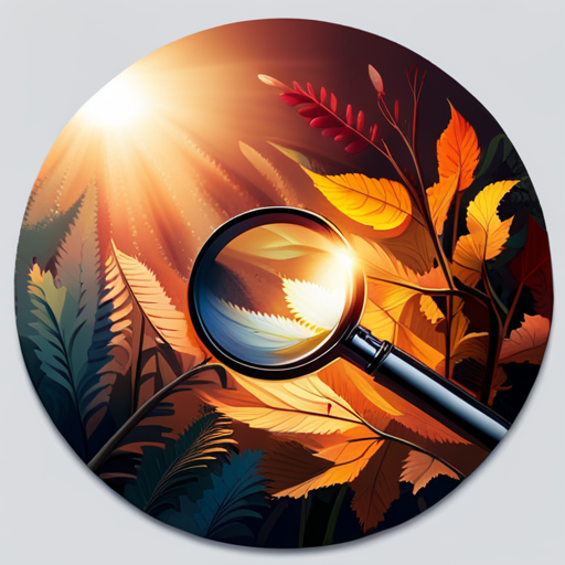 An image of a hand holding a magnifying glass, positioned over a bundle of dry twigs and leaves