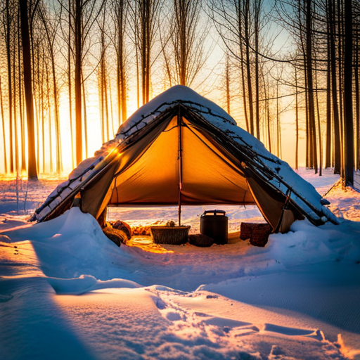 An image showcasing a bushcraft shelter nestled amidst a winter landscape