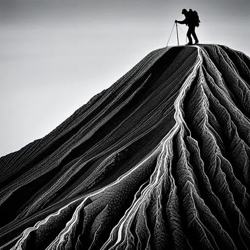 An image that depicts a hiker standing on a rugged, mountainous terrain, with contour lines curving and converging around them, illustrating the process of learning to calculate elevation using topo map lines