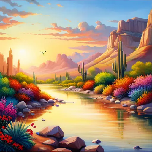 An image showcasing a lush green landscape in a desert, where vibrant wildflowers bloom near a trickling stream, surrounded by towering cacti and shimmering sunlight filtering through the dense canopy of trees