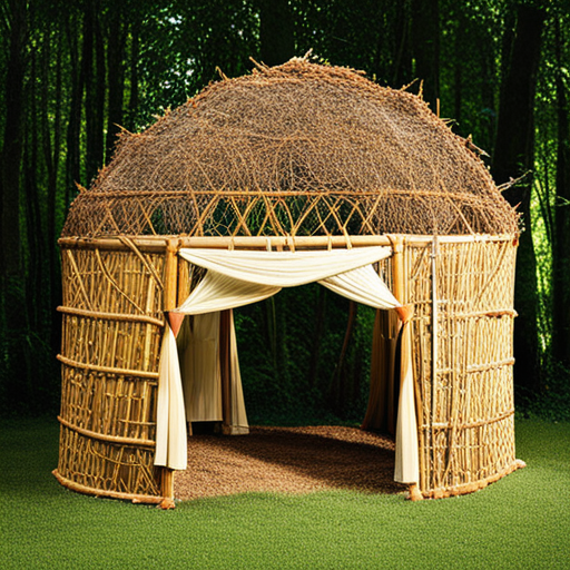 An image showcasing a diverse range of natural shelter building materials, such as sturdy tree branches, thick moss-covered rocks, straw bales, and tightly woven bamboo, arranged harmoniously in a tranquil forest setting