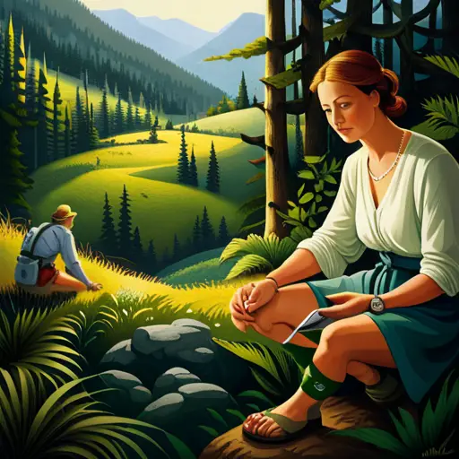 An image depicting a serene forest setting, with a close-up of a plantain leaf being applied on a deep gash on a hiker's leg, showcasing the healing properties of plantain as a natural remedy for wilderness wounds