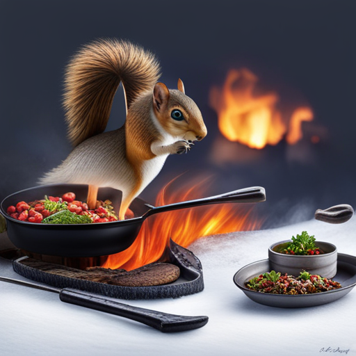 An image capturing the rustic charm of preparing wild squirrel over an open fire: a seasoned hunter skillfully skins a squirrel, flames dancing beneath a cast-iron skillet, as the tantalizing aroma of sizzling meat fills the air
