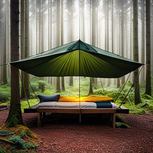 An image of a tranquil forest campsite, showcasing raised bed sleeping platforms draped with waterproof tarps