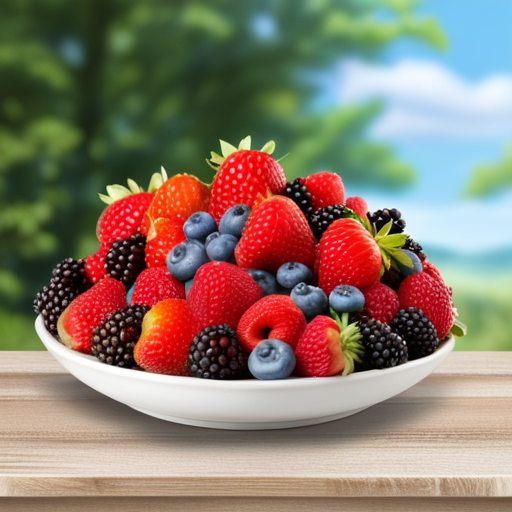 An image showcasing a lush forest filled with vibrant wild berries and fruits, including strawberries, blueberries, raspberries, and blackberries, perfectly capturing the abundant seasonal availability of nature's bounty
