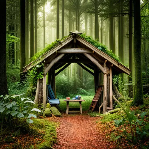 An image showcasing a sturdy wooden tripod shelter nestled amidst the verdant tranquility of the woods