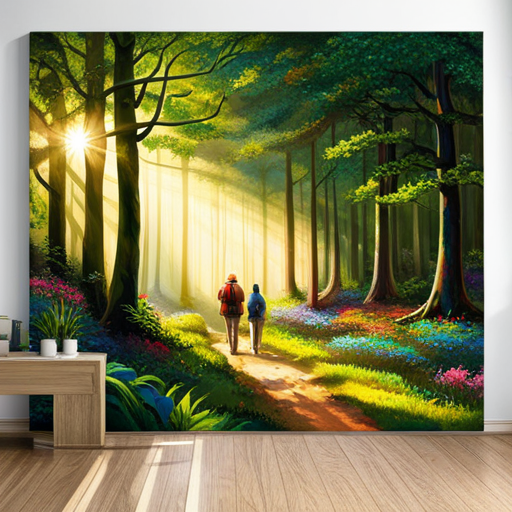 An image capturing a dense forest trail, illuminated by dappled sunlight filtering through the lush canopy