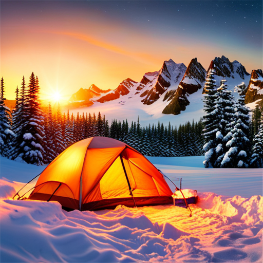 An image showcasing a snowy landscape with a cozy winter campsite nestled among towering evergreen trees